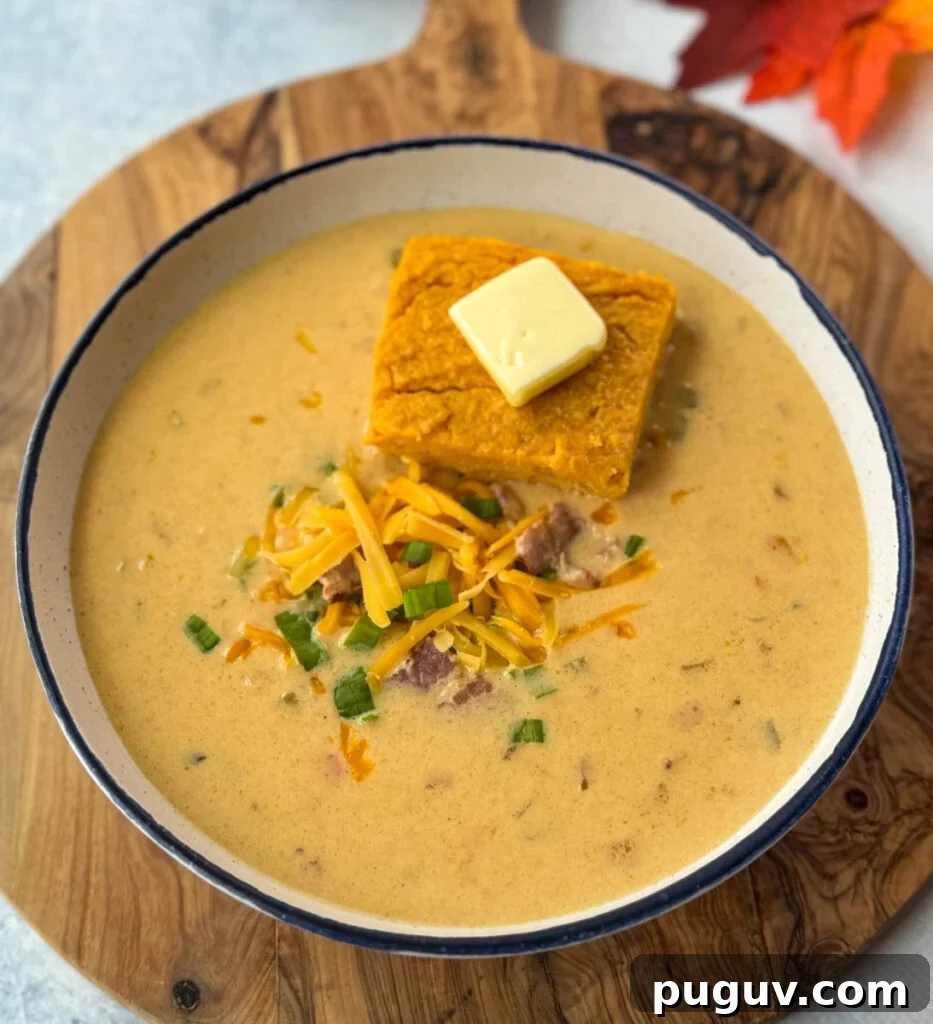 Creamy Bacon and Beer Cheese Soup Recipe 10 beer cheese soup with bacon, shredded cheese, green onions, and a slice of sweet potato cornbread in a white bowl