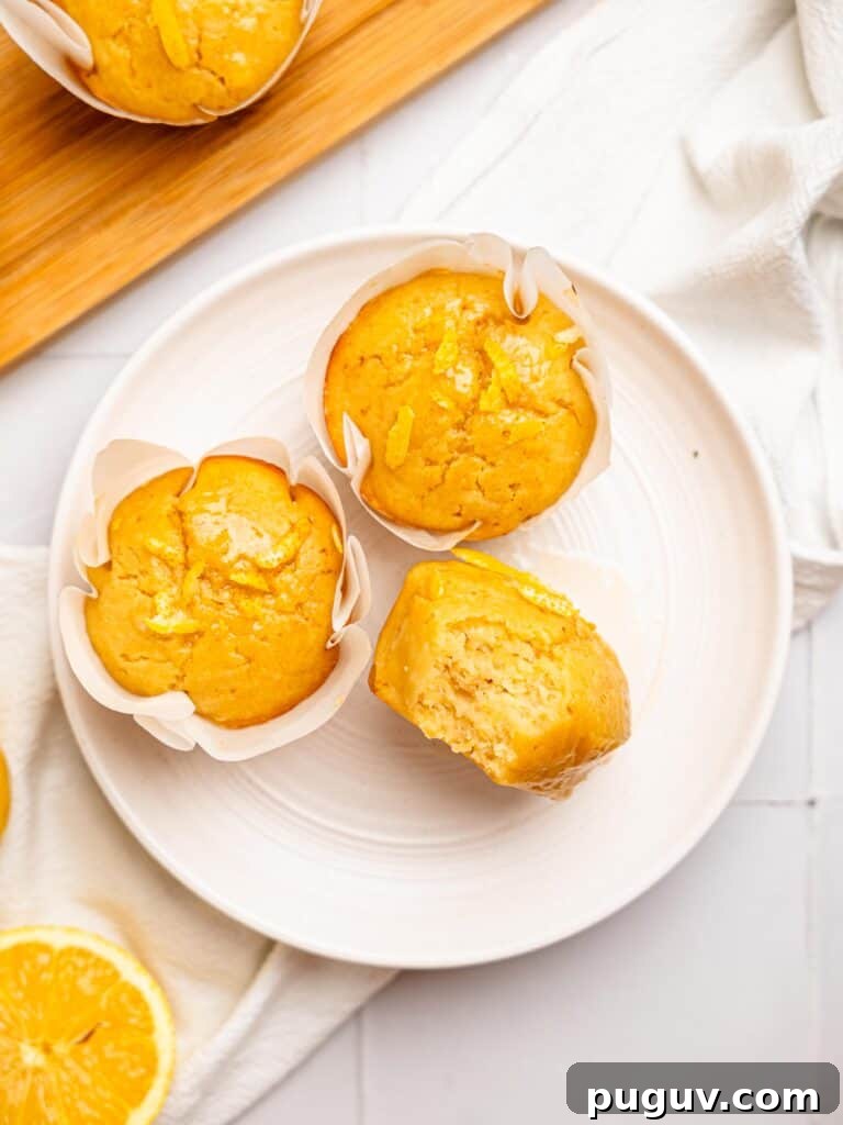 Lemon Drizzle Muffins That Actually Taste Indulgent 6 Lemon drizzle muffins on a plate.
