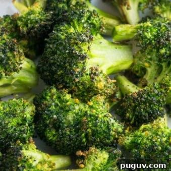 Crispy Oven-Roasted Broccoli — One-Pan Recipe 6 Easy Garlic Parmesan Oven Roasted Broccoli on White Dish.