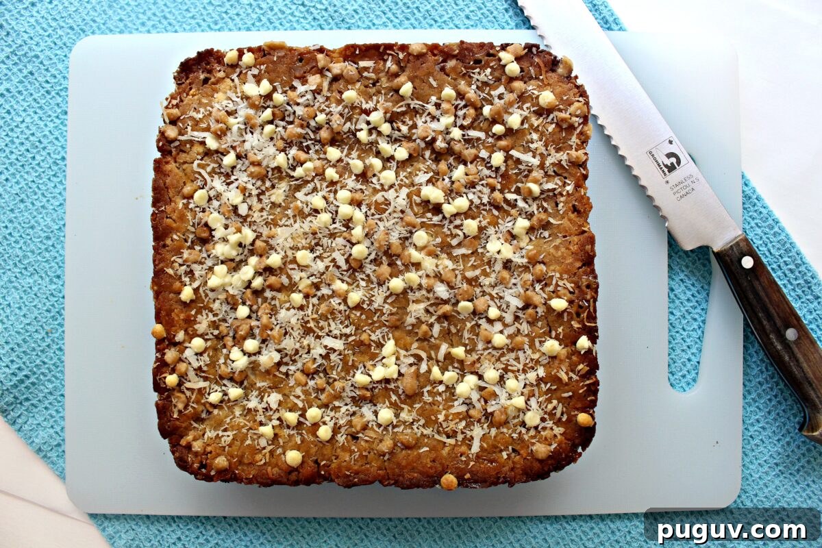 Coconut Milk Blondies Recipe: Chewy, Dairy-Free Dessert 3 Coconut Milk Toffee Blondies before cutting the 8 inch square.