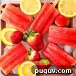 Overhead shot of popsicles on a bed of ice in a pink bowl with lemon slices and strawberries.