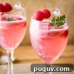 Side shot of two cocktail glasses with raspbery spritz garnished with fresh mint and raspberries.