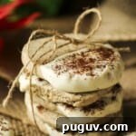 Side close up shot of four shortbread cookies stacked and tied together with a bow of twine.