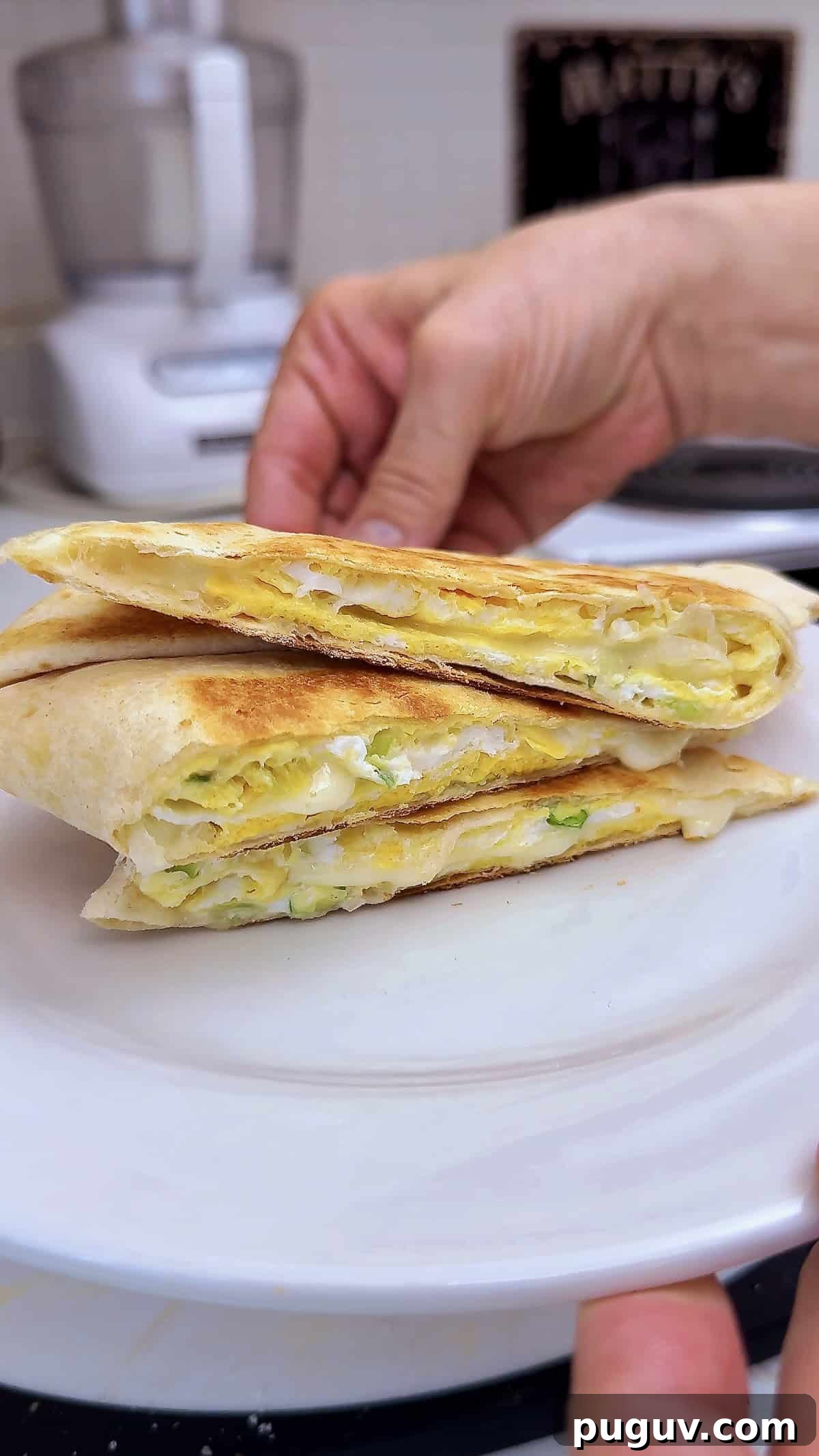 15-Minute Egg & Cheese Breakfast Quesadilla Recipe 2 egg and cheese quesadilla on a plate finished and ready to eat.