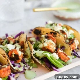 The side view of a platter of shrimp tacos.