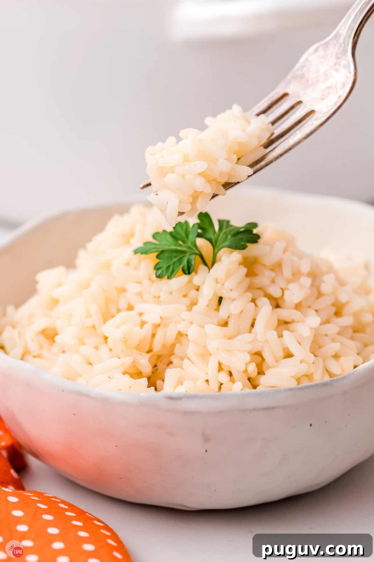 fork with bite of white rice next to a white bowl