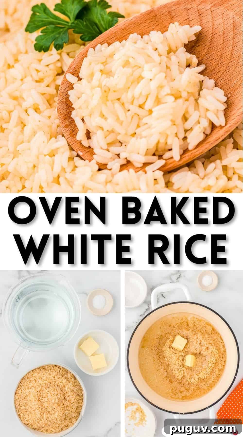 Pinterest pin image for baked white rice recipe