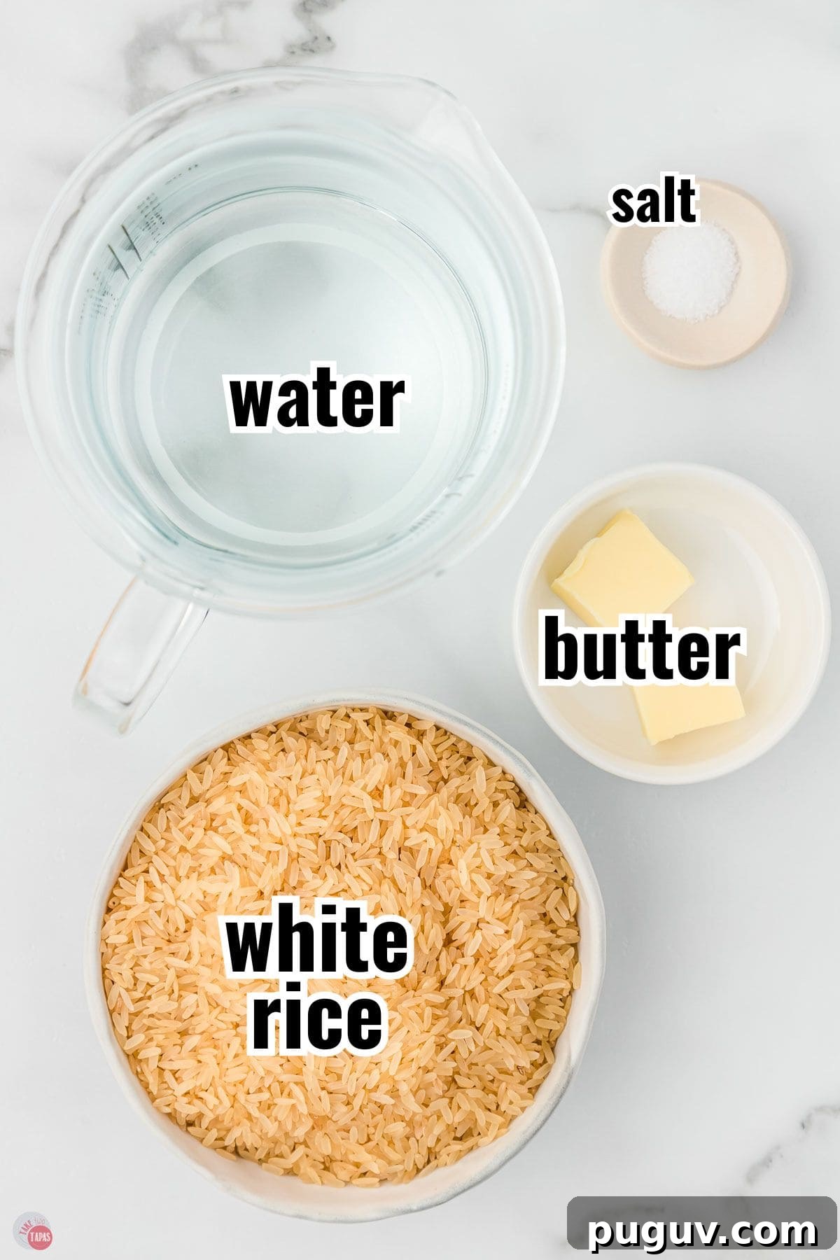ingredients for a rice recipe in individual bowls with text overlay labeling them
