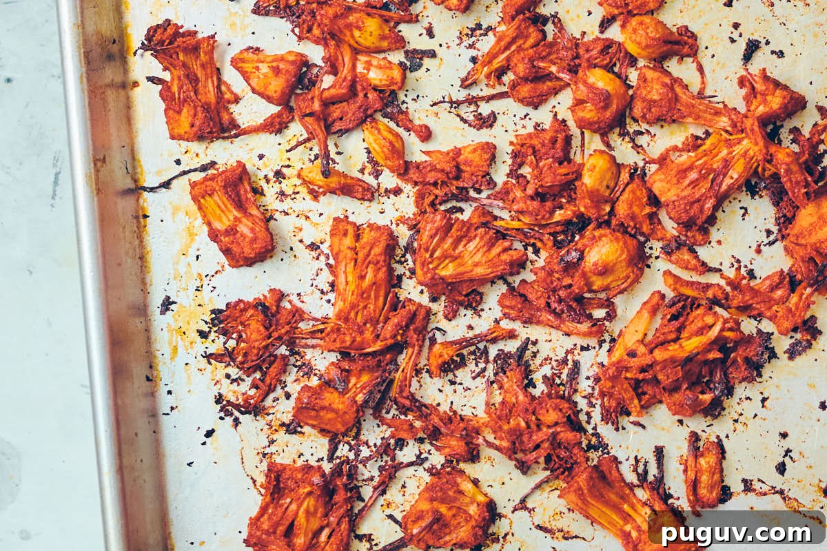 Vegan shawarma with jackfruit on a baking sheet.