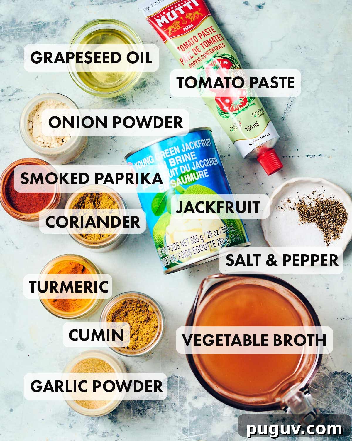 Ingredients to make vegan shawarma, including jackfruit, spices, and tomato paste.
