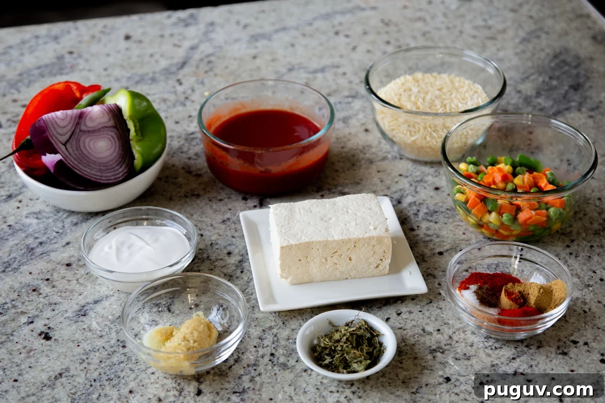 Crispy Tofu Tikka Masala Rice Bake Recipe 7 tikka masala rice bake ingredients on the kitchen counter