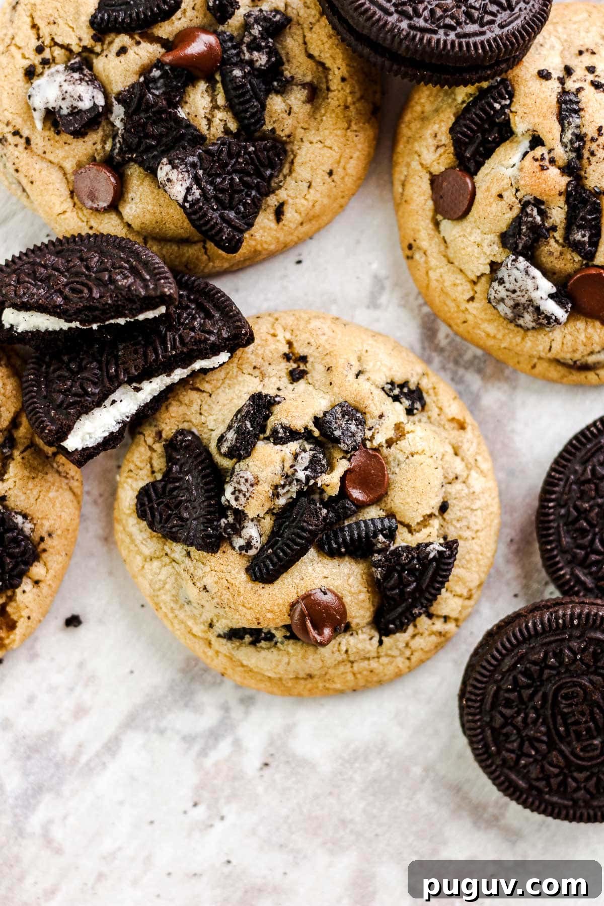 Oreo Chocolate Chip Cookie Recipe — Crispy, Chewy Treats 2 Oreo chocolate chip cookies on a tray