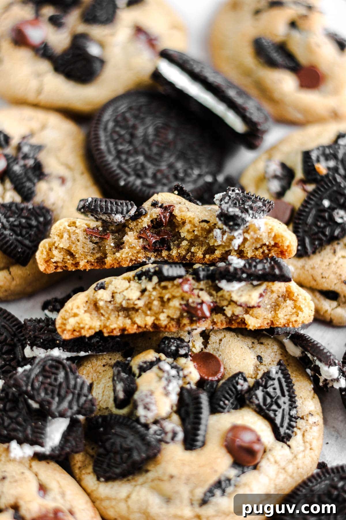 Oreo Chocolate Chip Cookie Recipe — Crispy, Chewy Treats 16 Close-up cookie stack