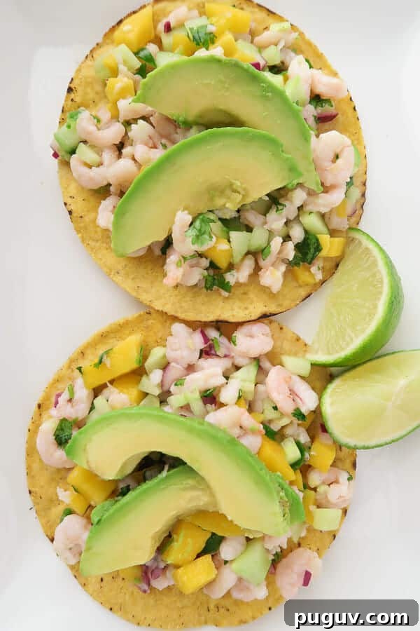 Easy Shrimp Ceviche with mango and cucumber served on tostadas