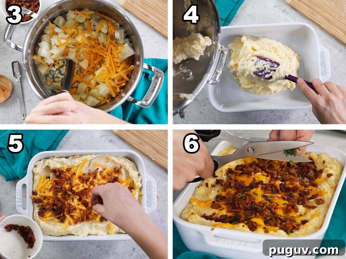 Cheesy Bacon Loaded Mashed Potato Casserole Recipe 5 Four photos showing a loaded mashed potato casserole being prepared.