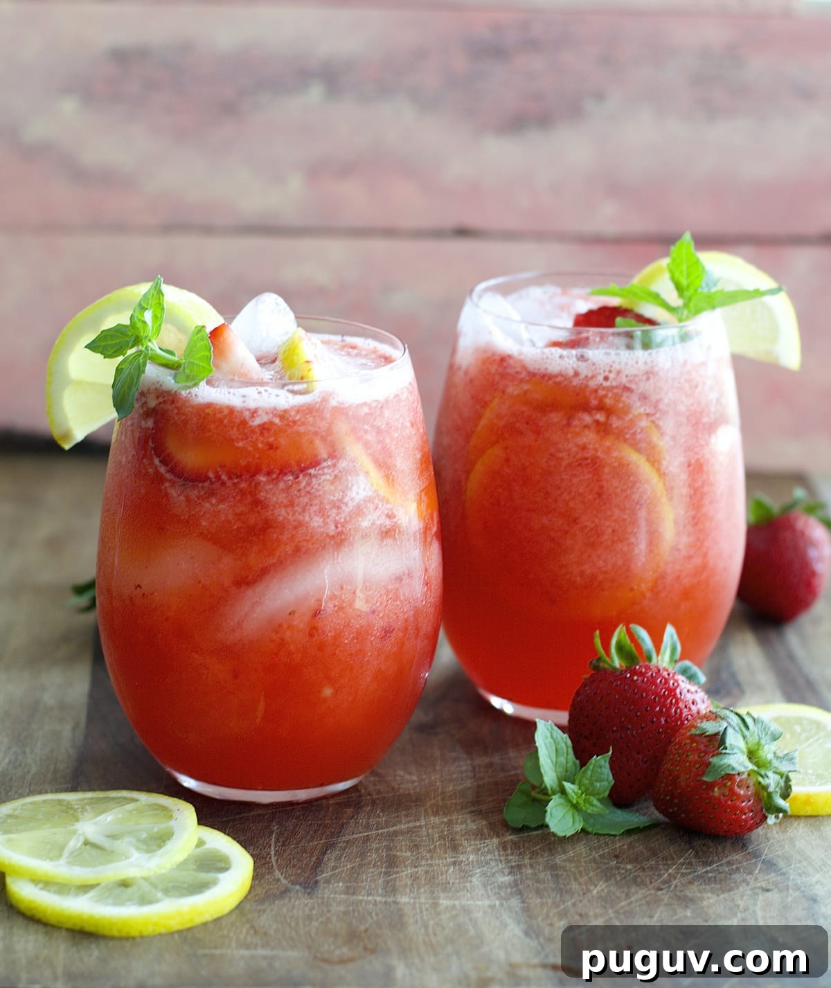 two glasses of blended strawberry lemonade on a countertop