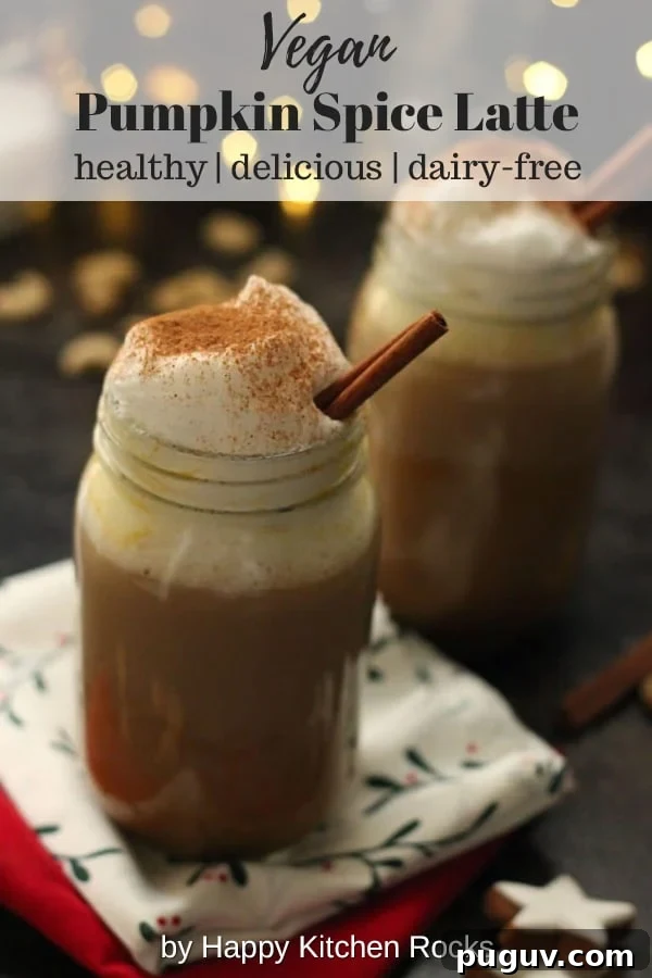 Healthy Vegan Pumpkin Spice Latte - Two Mason Jars with Festive Lights in the Background