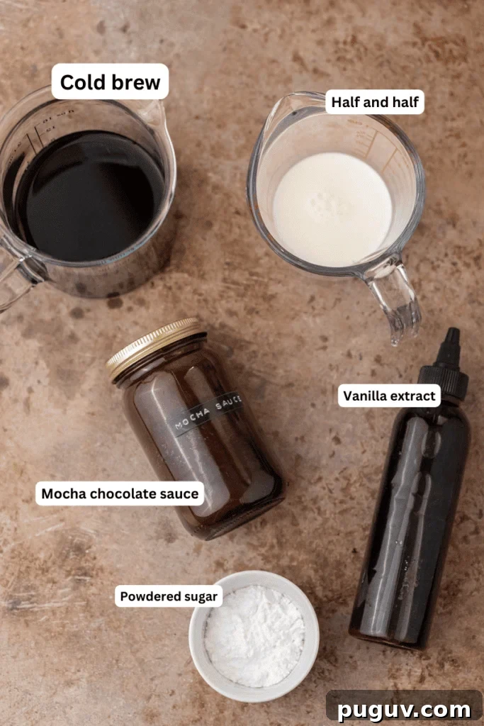 Chick-fil-A Mocha Cream Cold Brew: Homemade Copycat Recipe 3 Cold brew, half and half, chocolate sauce, powdered sugar, and vanilla extract on counter