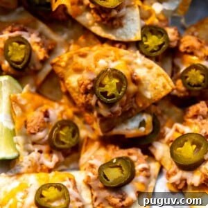 Loaded Texas Nachos Recipe: How to Make Classic Tex-Mex Nachos 15 Texas Nachos made with refried beans, cheese and jalapeno on a tray to be served.