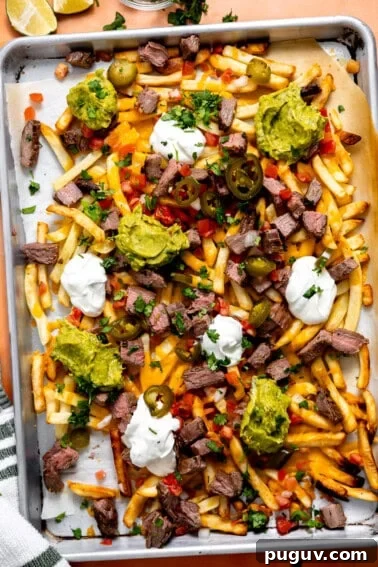 Loaded Texas Nachos Recipe: How to Make Classic Tex-Mex Nachos 17 Baking tray topped with carne asada fries loaded with meat, cheese, guacamole, jalapeños, pico de Gallo, and sour cream.