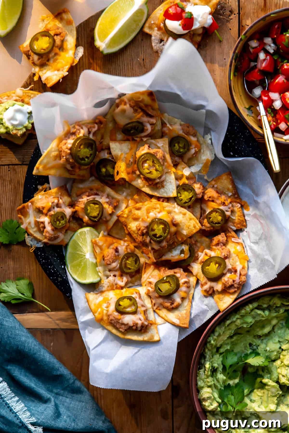 Loaded Texas Nachos Recipe: How to Make Classic Tex-Mex Nachos 10 Texas nachos served on a dish with pico and guacamole on the side.