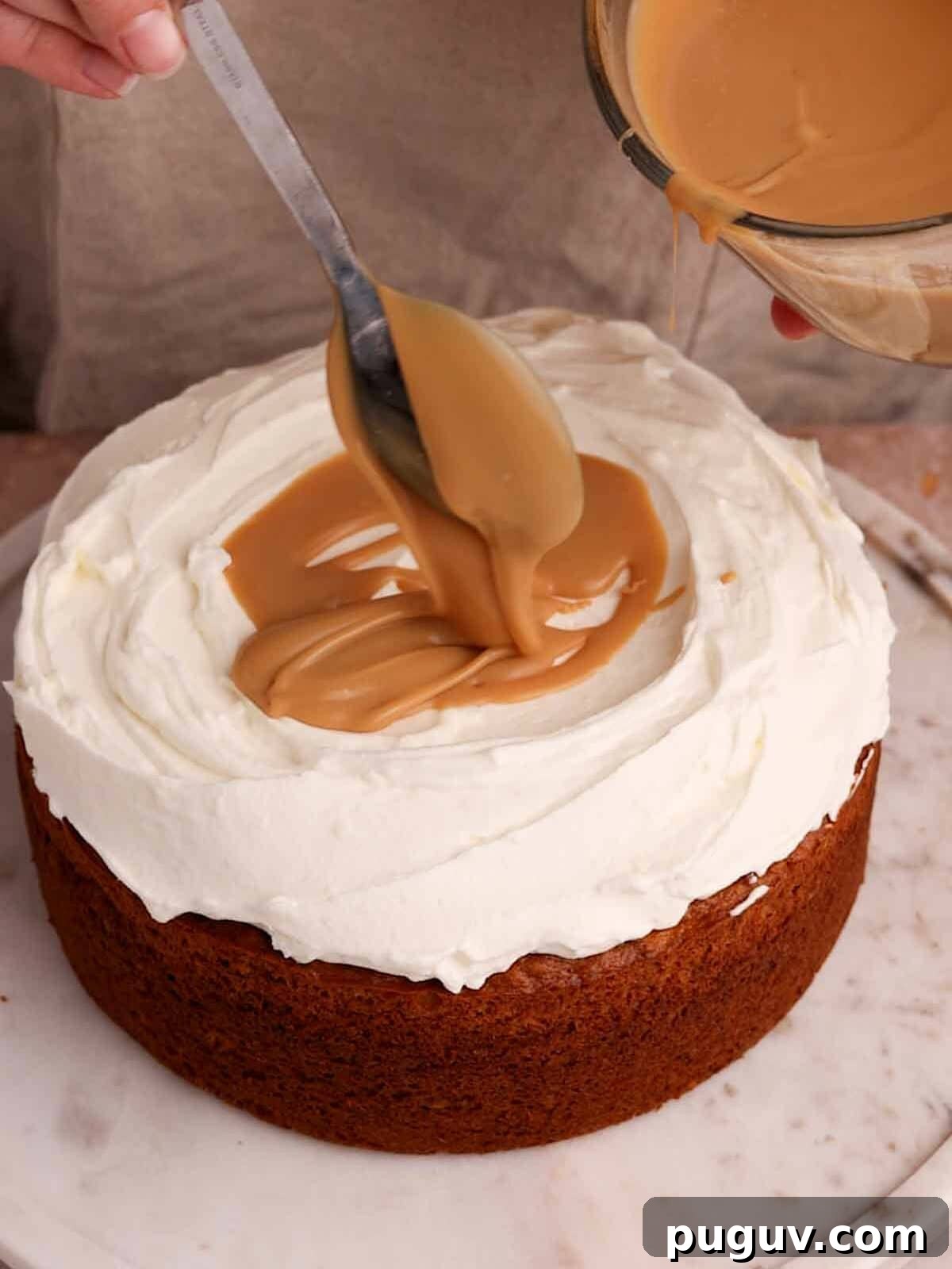 Decadent Banoffee Cake Recipe with Caramelized Banana Topping 11 fill middle of cake with toffee sauce