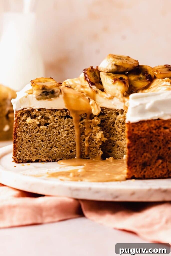 Decadent Banoffee Cake Recipe with Caramelized Banana Topping 3 slice of banana cake with whipped cream and toffee sauce