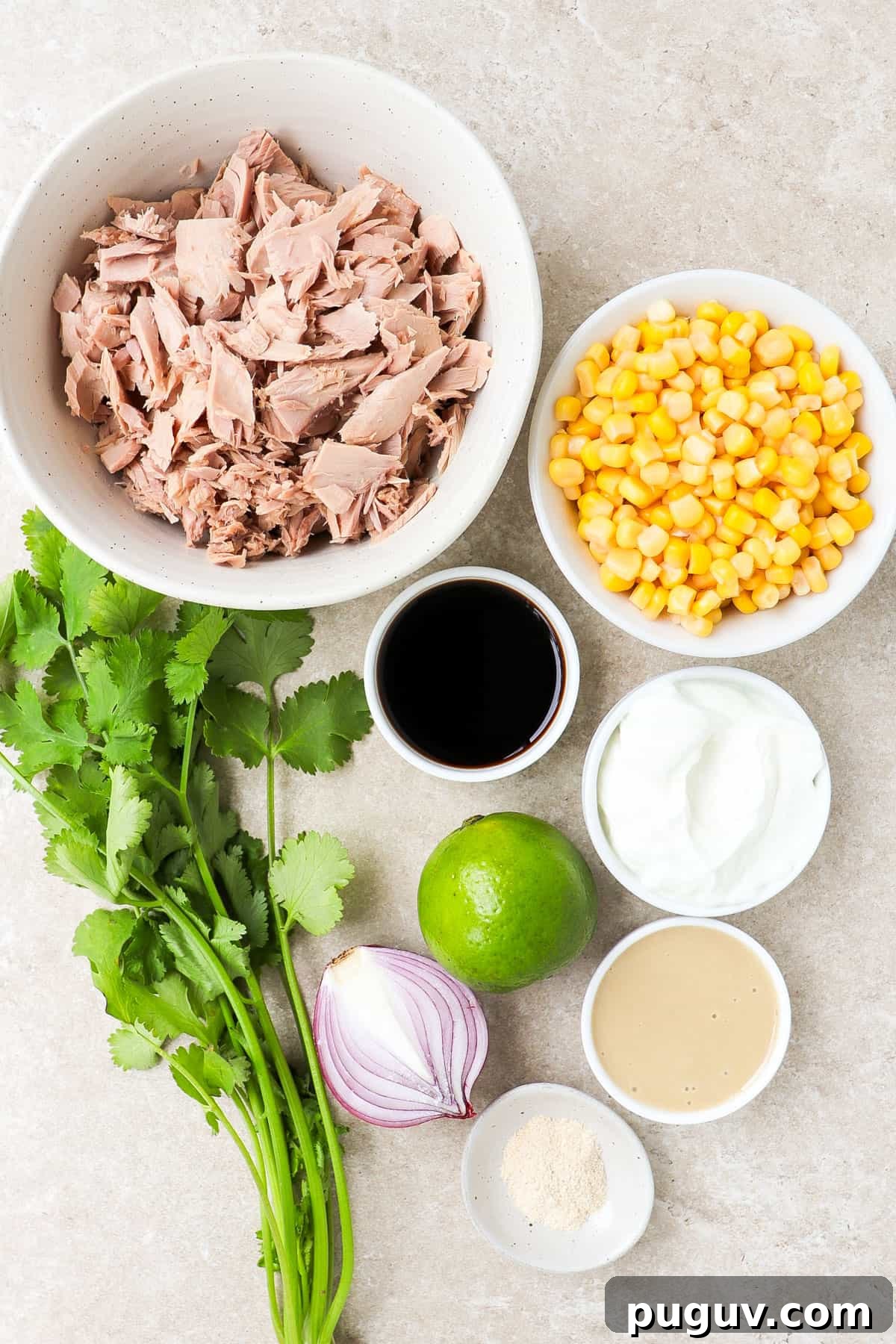Ingredients shown to make the tuna corn salad.