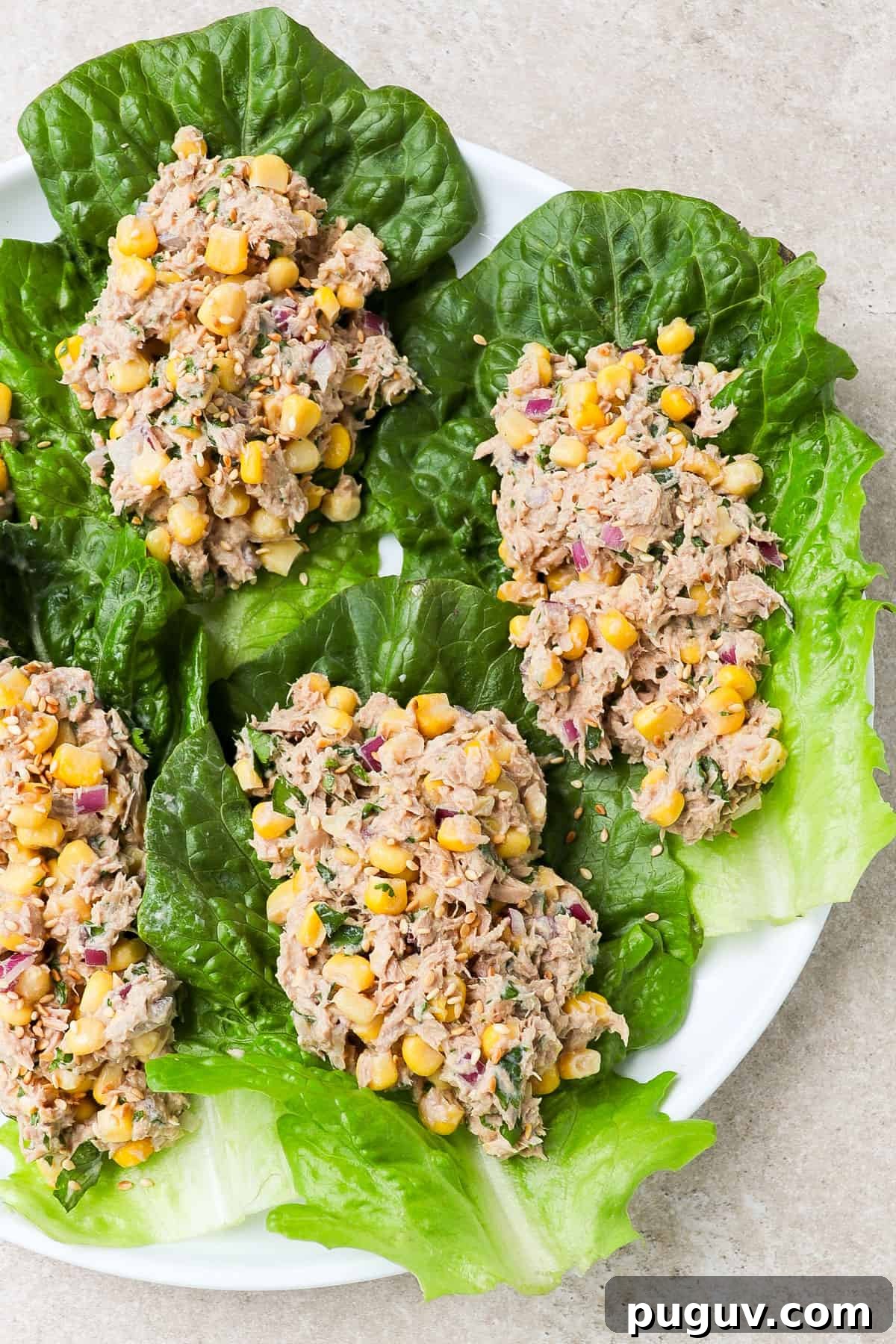 Close up of tuna corn salad on lettuce leaves.