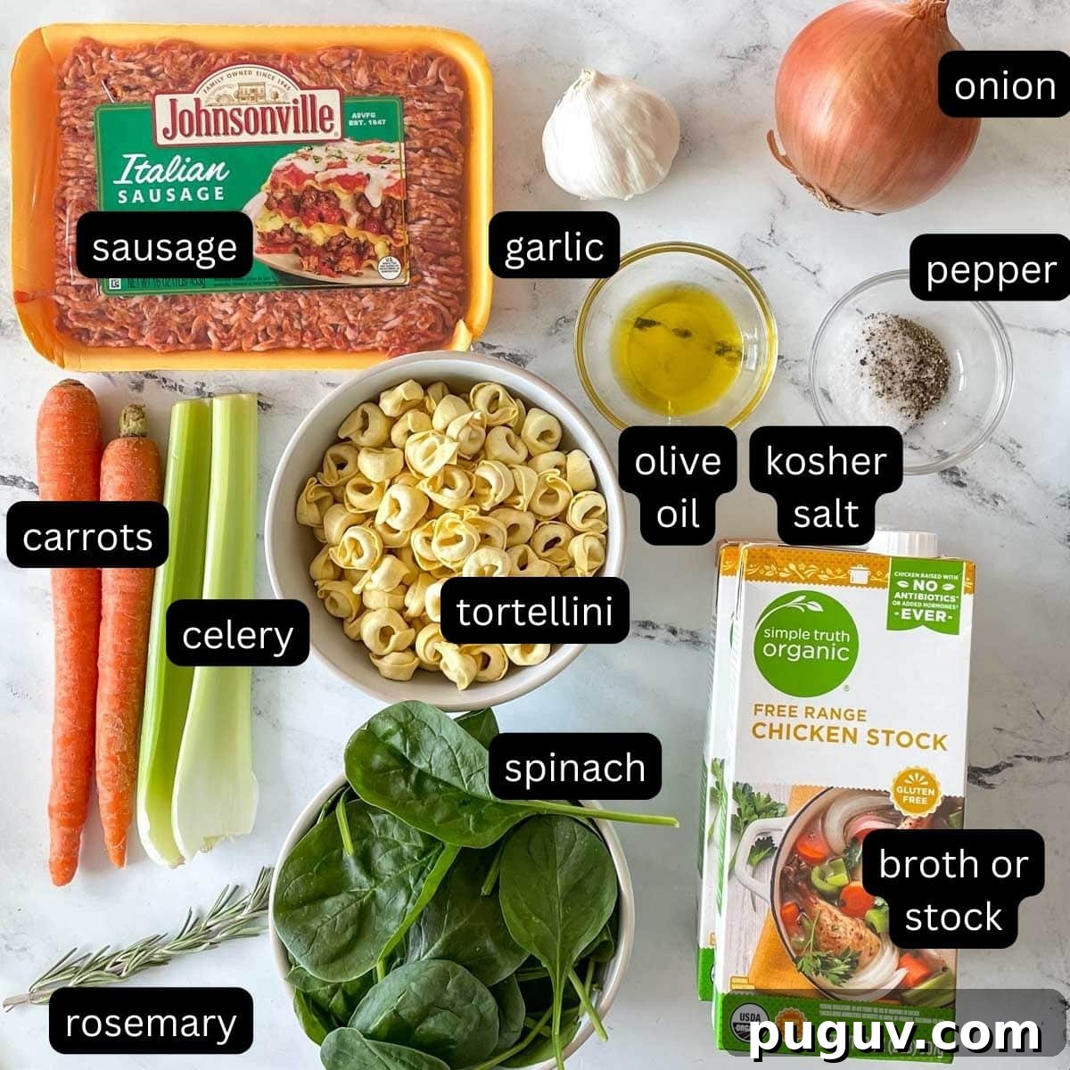 Creamy Instant Pot Tortellini Soup Recipe for Quick Weeknights 3 The ingredients for Instant Pot Tortellini Soup are shown on a white marble counter.