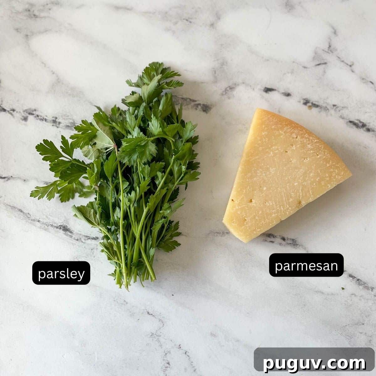 Creamy Instant Pot Tortellini Soup Recipe for Quick Weeknights 4 Labeled parsley and parmesan sit on a white marble counter.