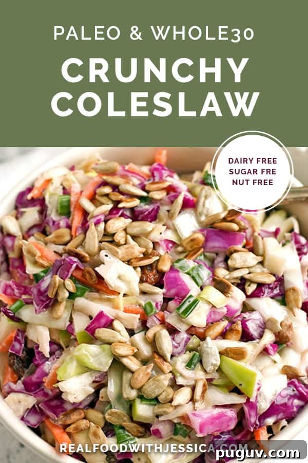 This Paleo Whole30 Coleslaw is easy to make and so delicious. Crunchy, fresh and such a great side dish. Gluten free, dairy free, and sugar free. This Paleo Whole30 Coleslaw is easy to make and so delicious. Crunchy, fresh and such a great side dish. Gluten free, dairy free, and sugar free.