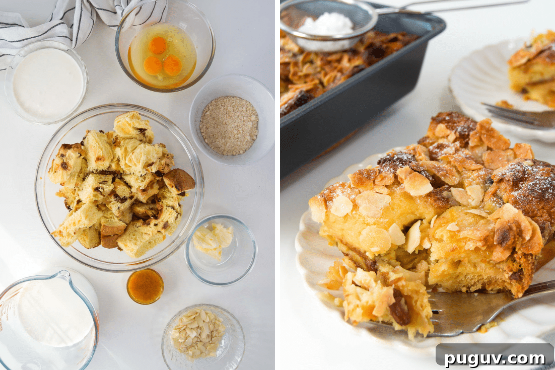 Panettone Bread Pudding Recipe: Decadent Holiday Dessert 4 collage of two images showing panettone in a bowl surrounded by other ingredients and a slice of the bread pudding from the side