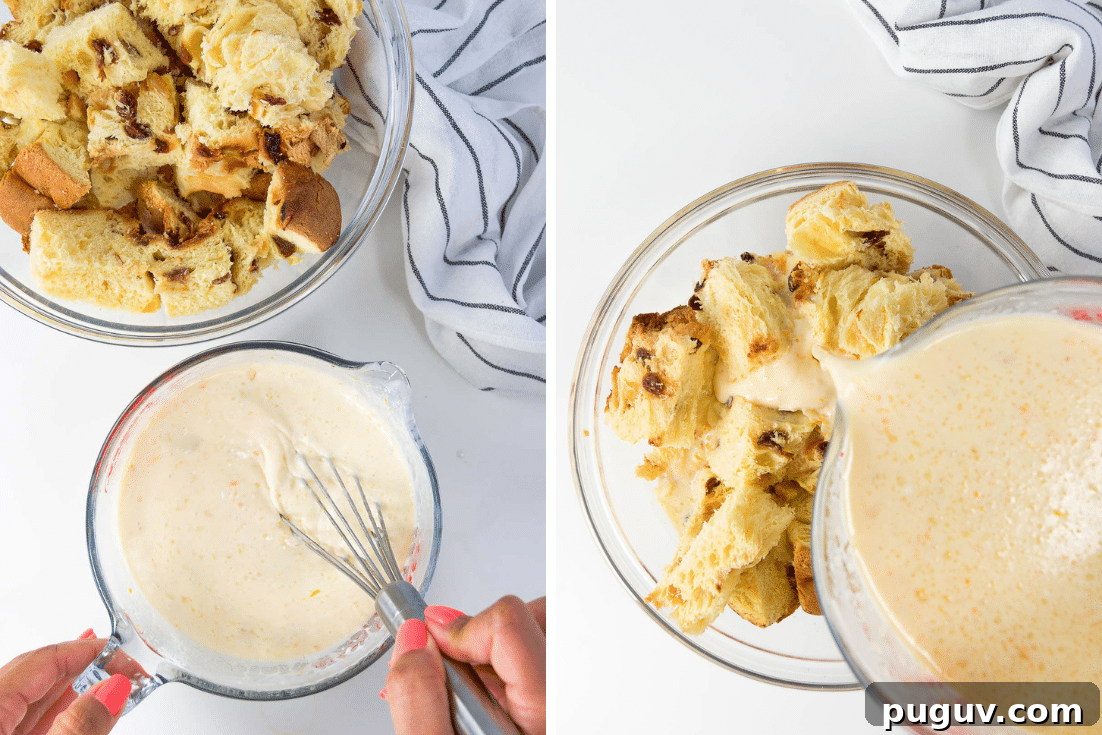 Panettone Bread Pudding Recipe: Decadent Holiday Dessert 5 collage of two images showing how to make the custard and the pouring of the custard over panettone in a bowl