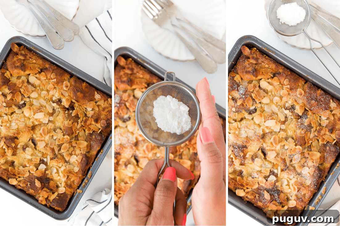 Panettone Bread Pudding Recipe: Decadent Holiday Dessert 6 collage of three images showing the baked panettone bread pudding and it being sprinkled with powdered sugar from above