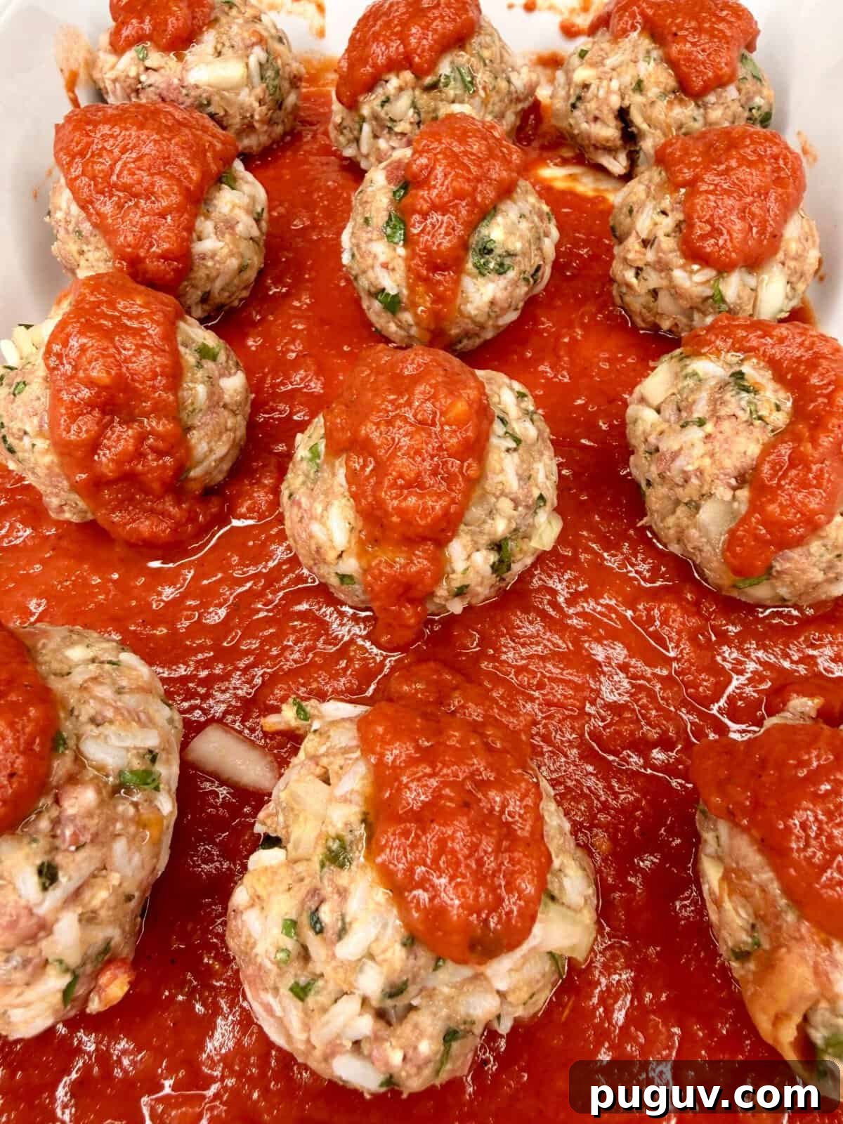 Italian-Style Baked Rice and Meatball Casserole 8 Raw meatballs with chopped onion and herbs are arranged in a baking dish, covered with tomato sauce, and ready to be cooked. Some sauce is spooned on top of each meatball, with more spread across the bottom of the dish.