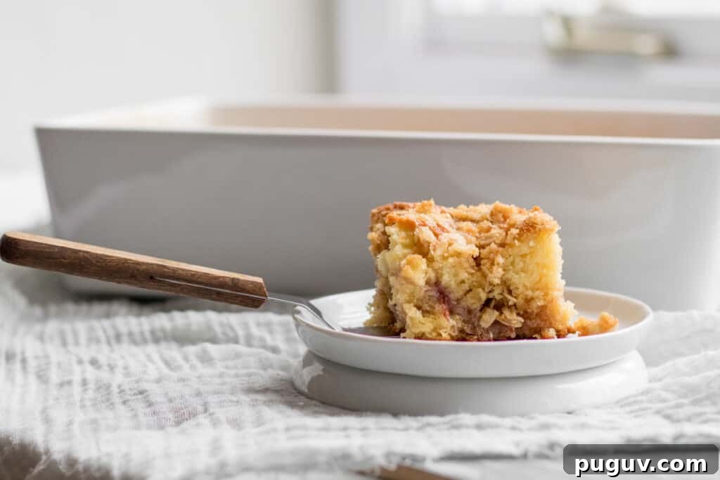 piece of coffee cake on a server with white dish behind