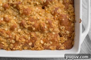 crisp top of coffee cake in a white pan
