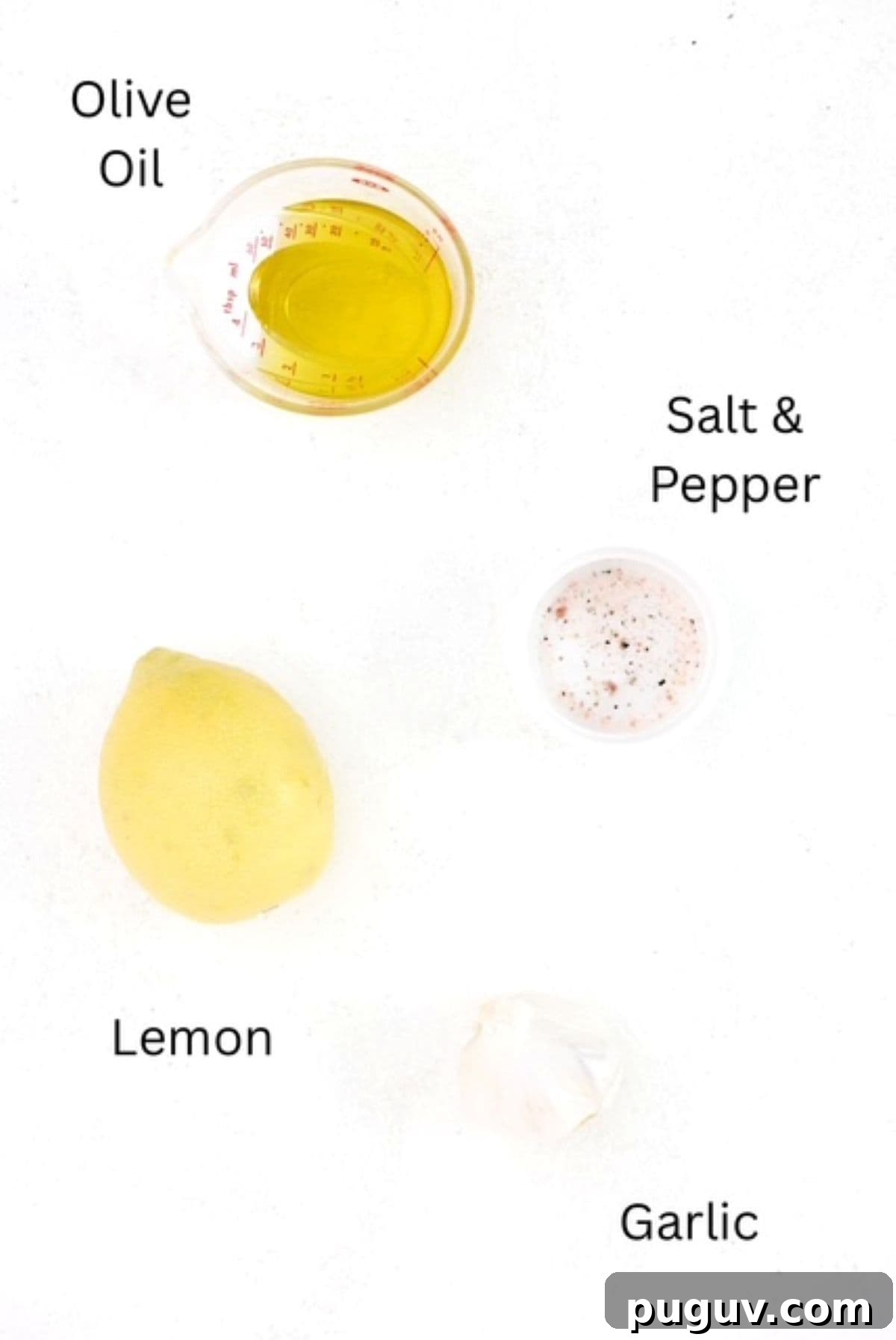 Lemon Garlic Salad Dressing Recipe: Bright Homemade Vinaigrette 3 Lemon Garlic Salad Dressing ingredients, labeled.