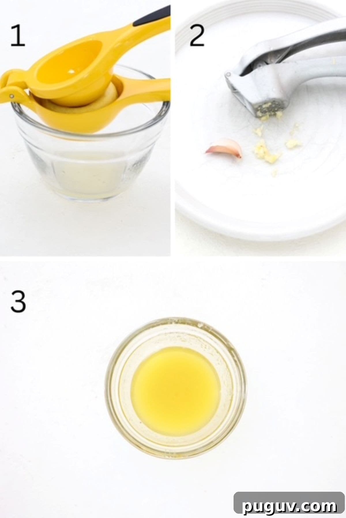 Lemon Garlic Salad Dressing Recipe: Bright Homemade Vinaigrette 4 Three numbered images showing how to make a lemon garlic salad dressing using fresh lemon and freshly minced garlic.