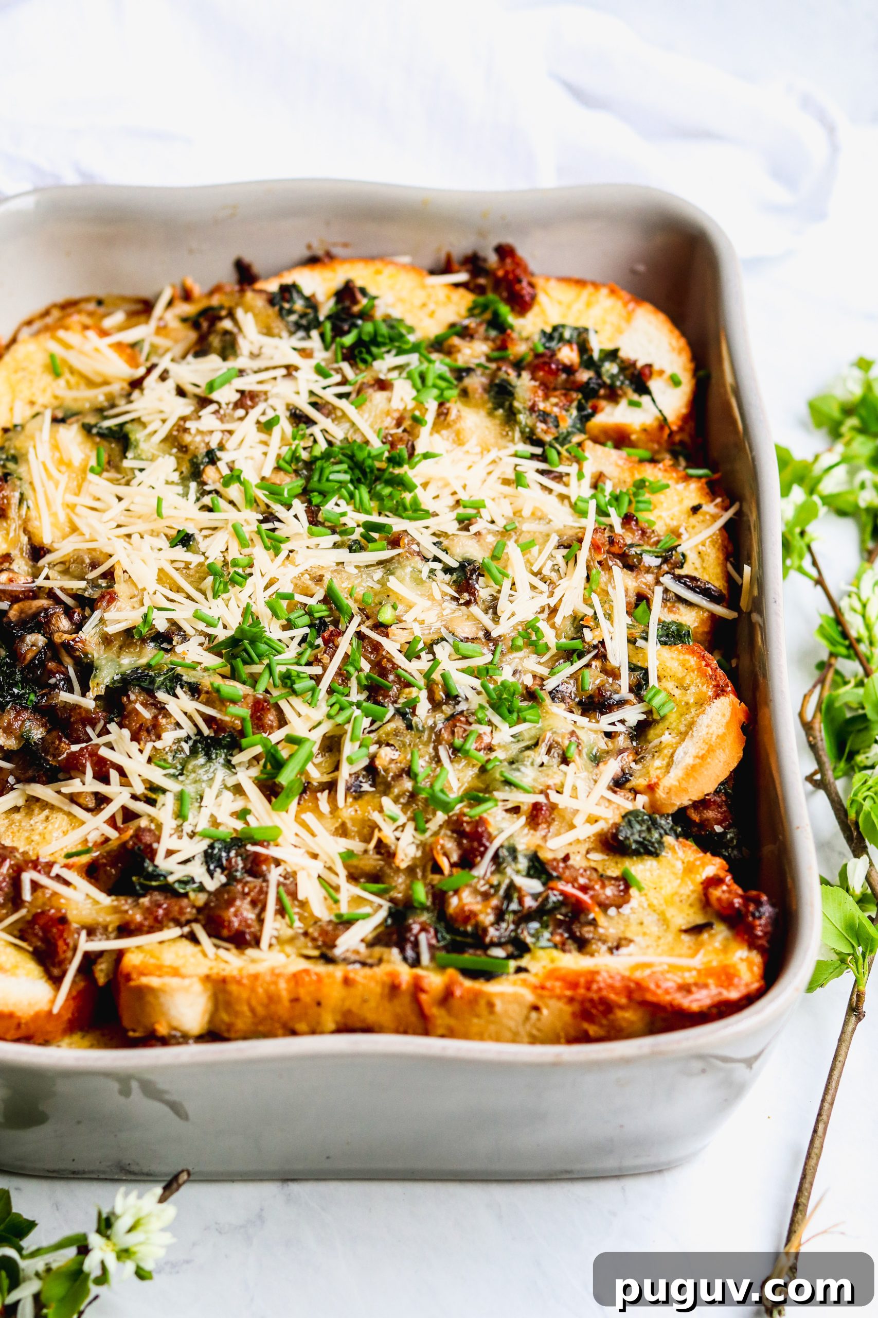 Hearty Sausage, Kale & Mushroom Breakfast Strata 2 Sausage, Kale, and Mushroom Strata