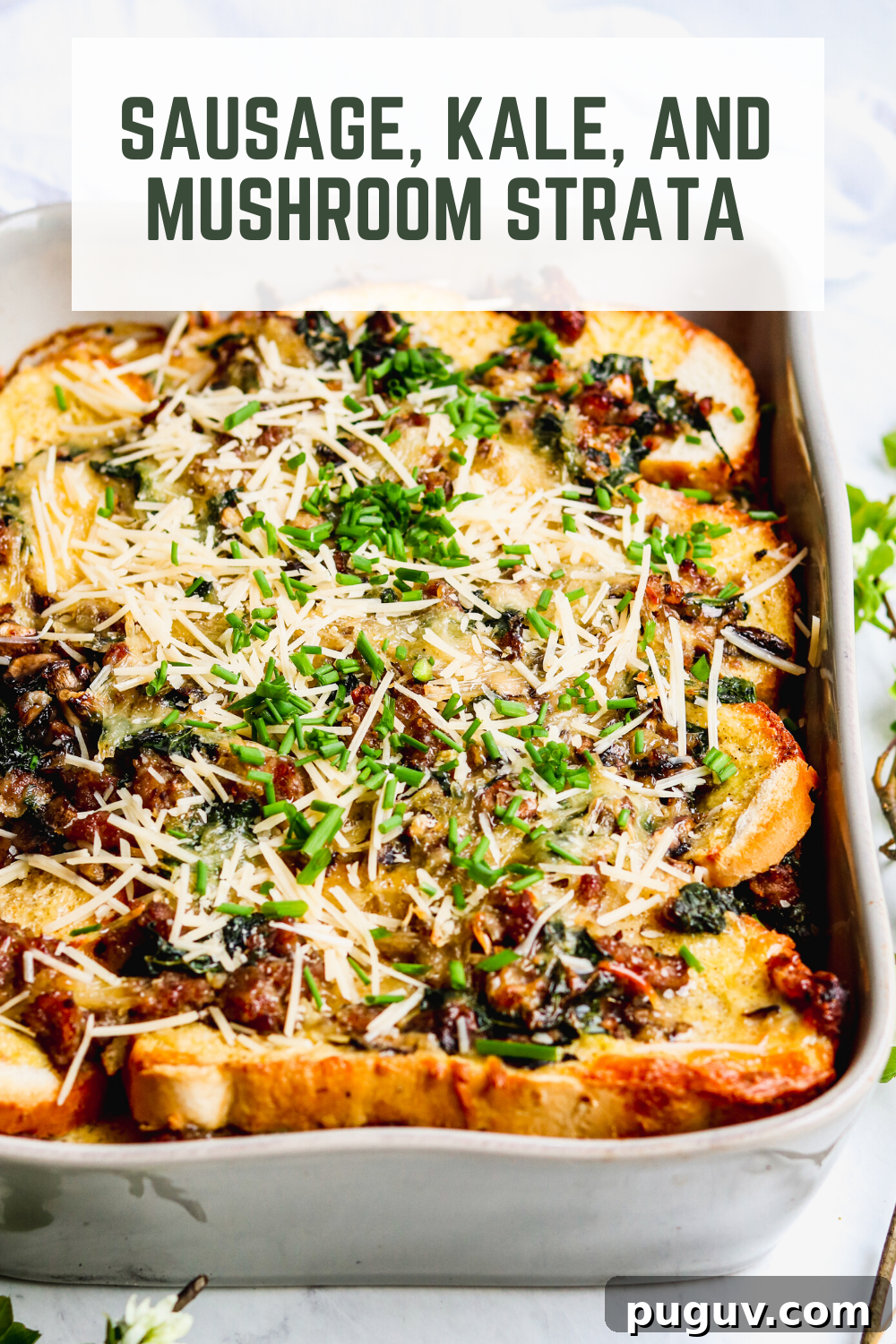 Hearty Sausage, Kale & Mushroom Breakfast Strata 5 Sausage, kale, and mushroom strata is your new favorite breakfast casserole. This easy strata recipe is made the night before you bake and serve it, making it an easy brunch recipe. Serve for any occasion! #strata #breakfastcasserole