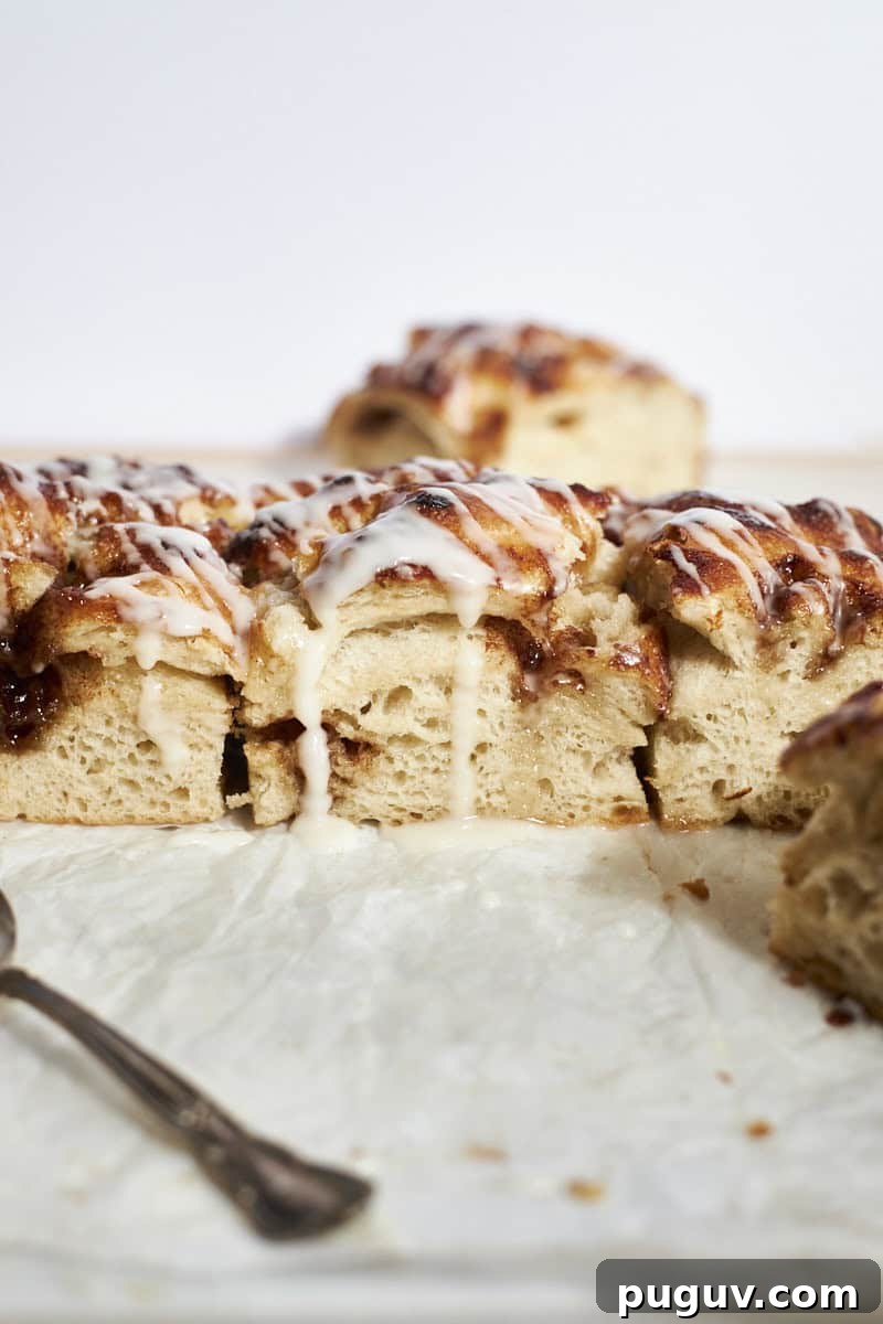 Sourdough Discard Cinnamon Roll Focaccia Recipe 2 A side view of Sourdough Discard Cinnamon Roll Focaccia.