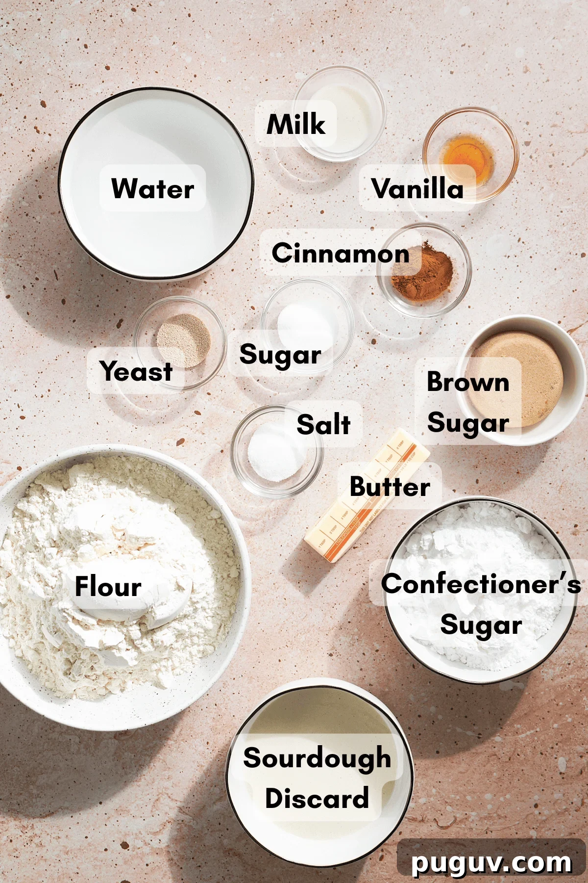 Sourdough Discard Cinnamon Roll Focaccia Recipe 3 Ingredients for Sourdough Discard Cinnamon Roll Focaccia in small bowls.