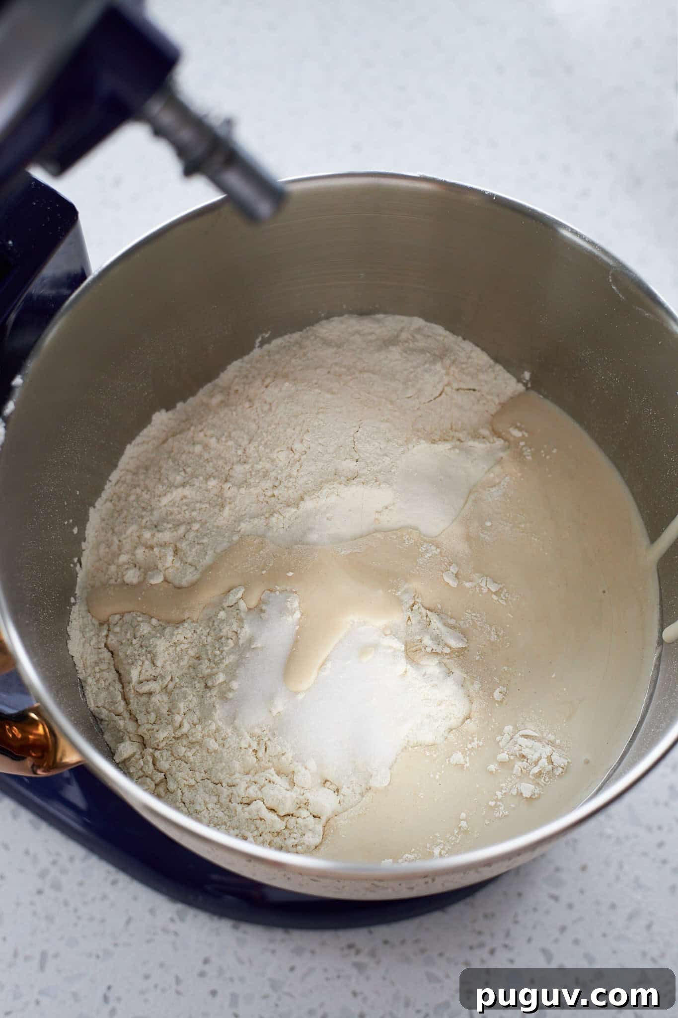 Sourdough Discard Cinnamon Roll Focaccia Recipe 5 All ingredients added to the bowl of a stand mixer.