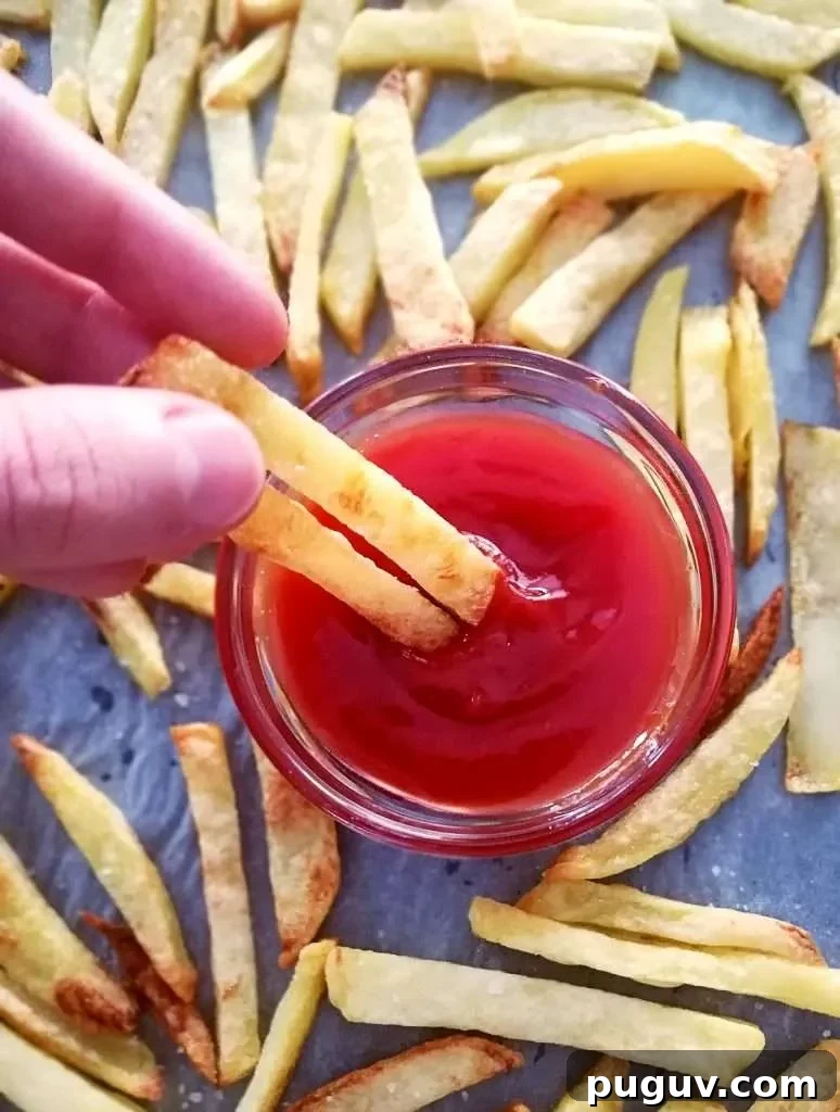 Crispy Oven-Baked French Fries Recipe for Perfect Results 3 oven french fries dipping in ketchup