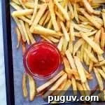 oven french fries on baking sheet with ketchup