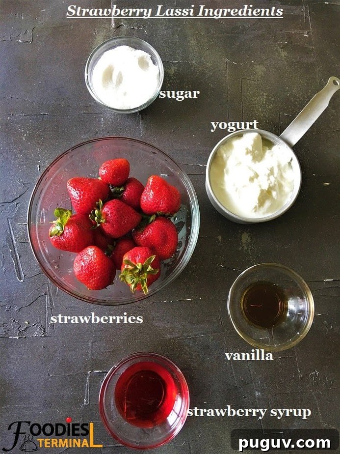 Refreshing Homemade Strawberry Lassi Recipe: Creamy Yogurt Drink 5 Homemade Indian style strawberry lassi ingredients in bowls