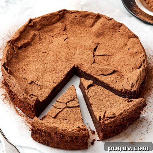 Sliced flourless chocolate cake.
