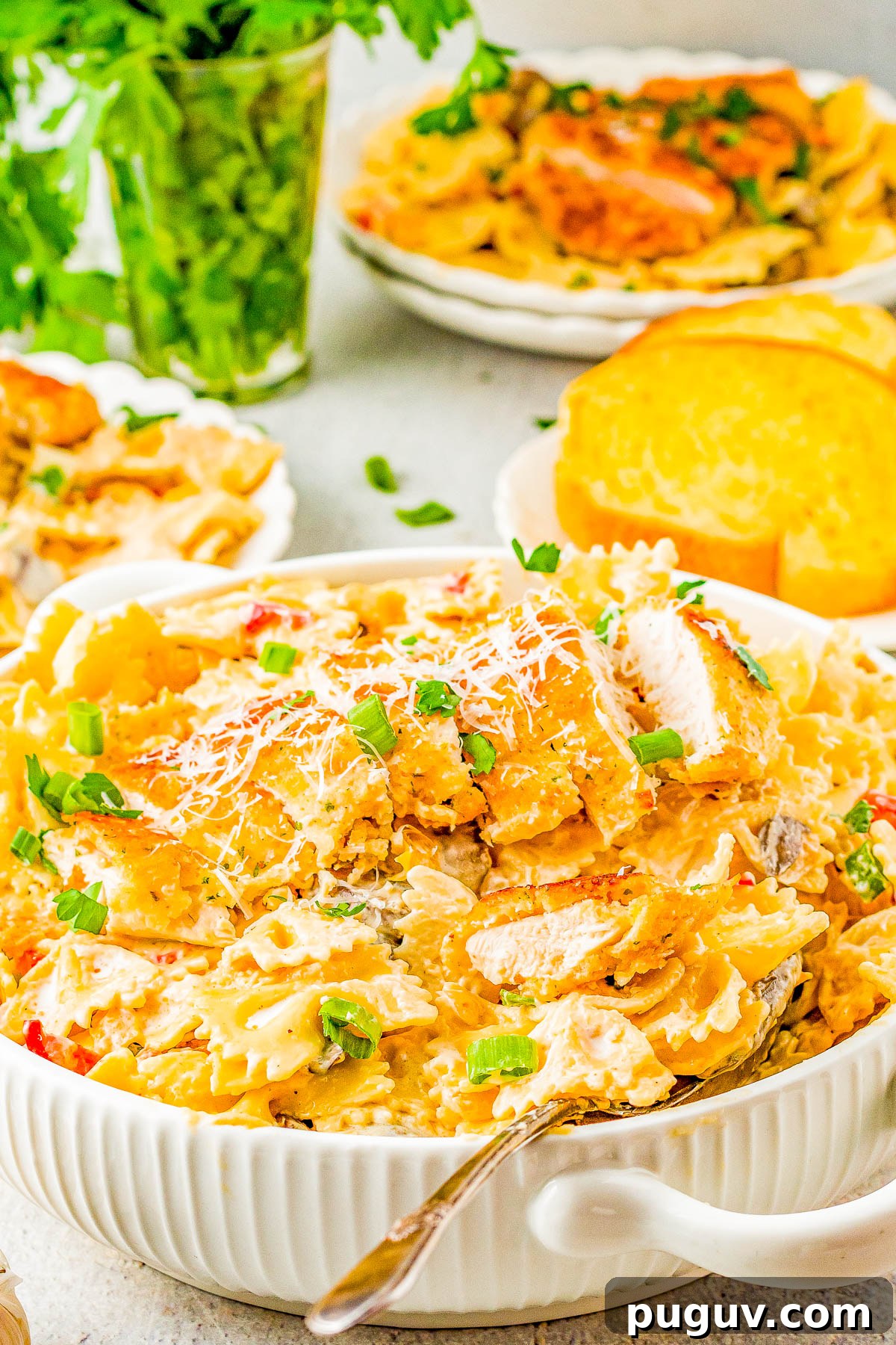 A bowl of creamy Cajun chicken pasta.